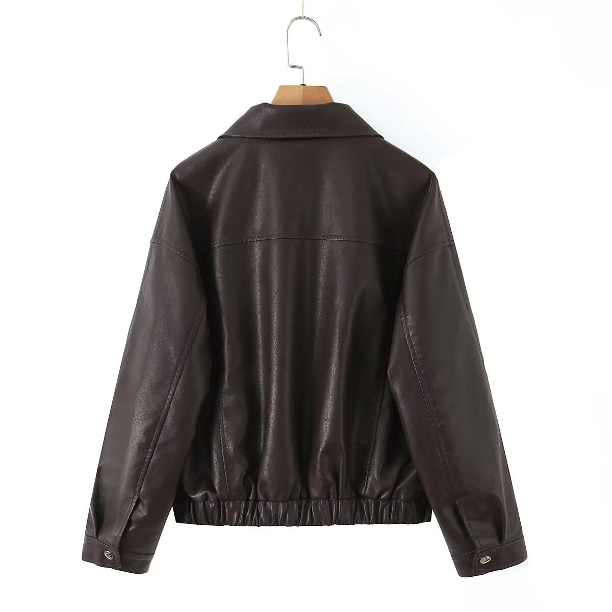 Women Oversized Faux Leather Bomber Jacket with Flap Pockets and Asymmetrical Zipper Chichicherry