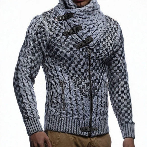 Men's chunky knit cardigan with asymmetric wrap collar and zipper Chichicherry