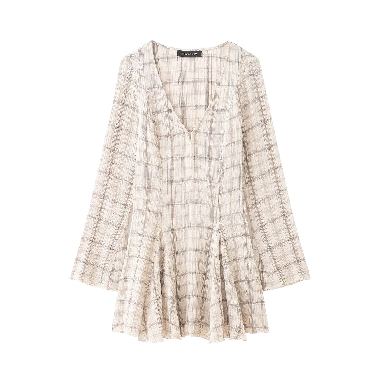 Women's Lightweight V-Neck Midi Dress with Check Pattern, Tailored Godet Skirt and Crinkle Structure Chichicherry