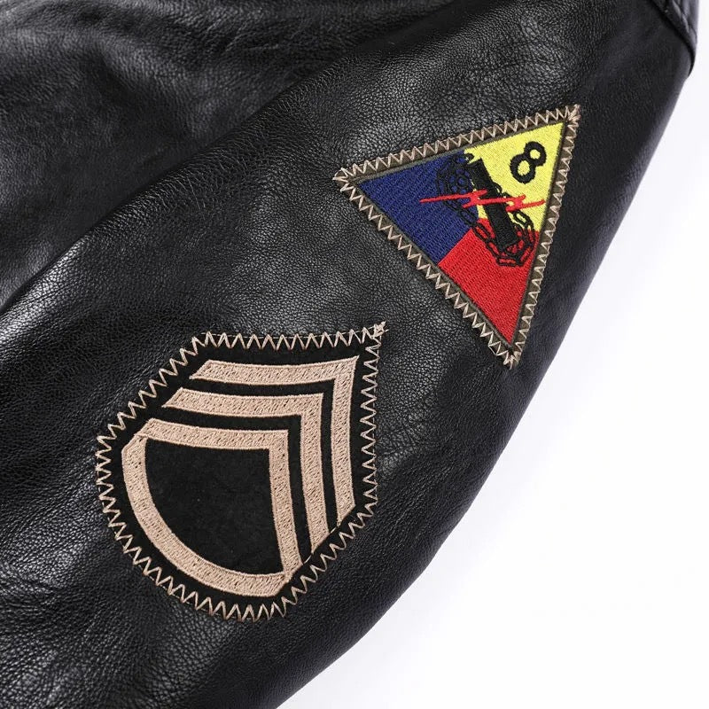 Men's Faux Leather Bomber Jacket in Vintage Utility Style with Patches and Ribbed Cuffs Chichicherry