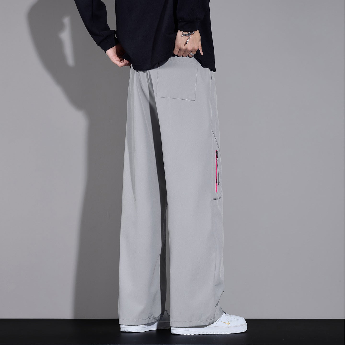 Men's Wide Cargo Pants with Drawstring and Zipper Pockets Chichicherry