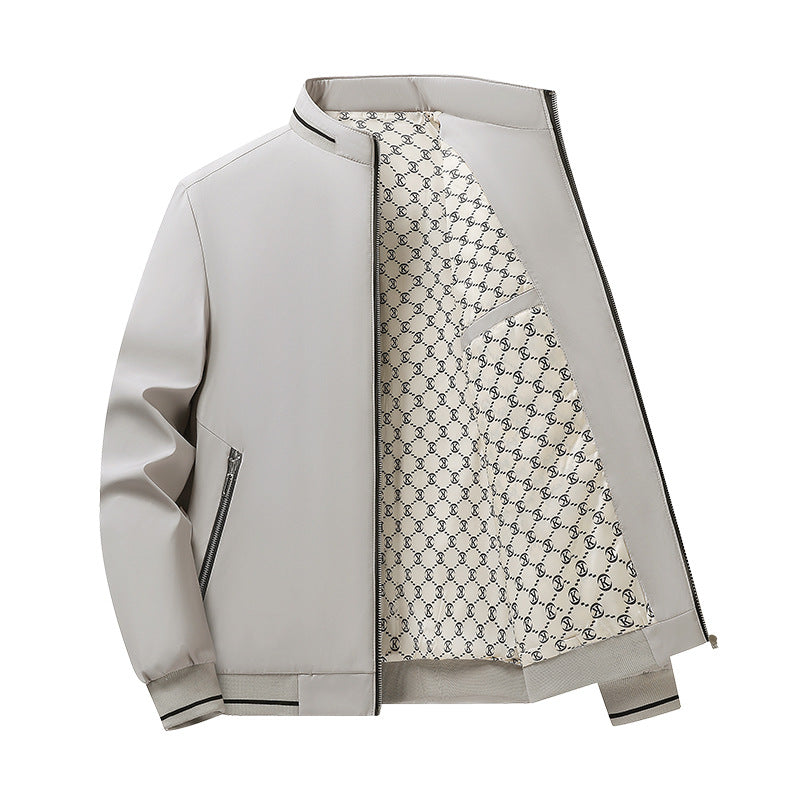 Men's Lightweight Bomber Jacket with Stand Collar, Zipper & Patterned Satin Lining Chichicherry