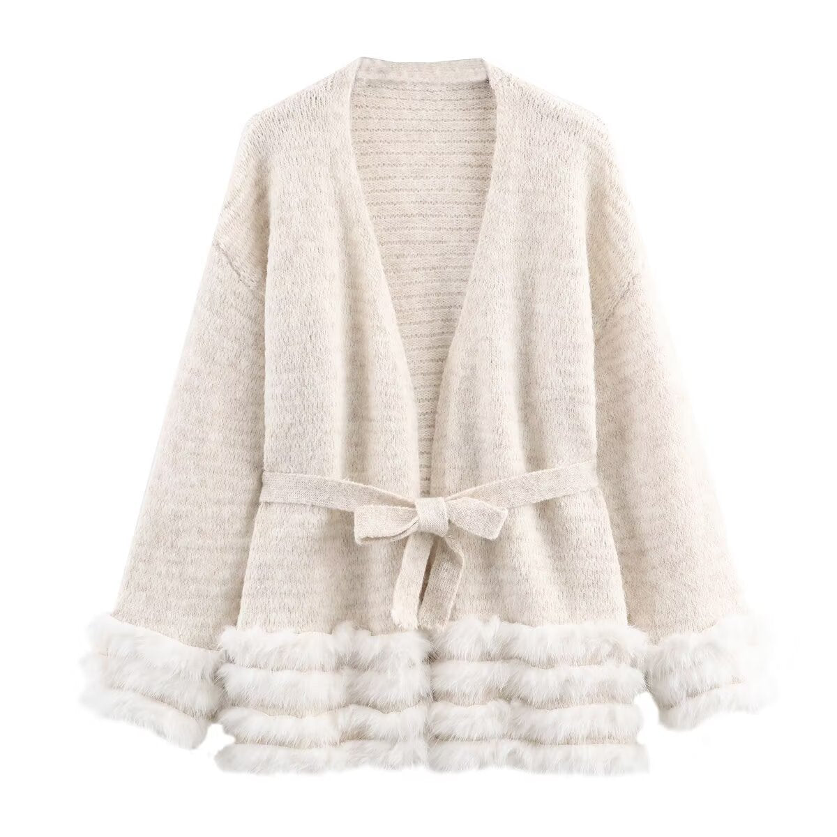 Women's Knit Cardigan with Tie Belt and Faux Fur Trim Chichicherry