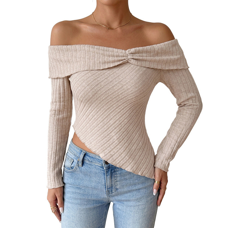 Women's Figure-Hugging Off-Shoulder Ribbed Knit Top with Knot Front and Asymmetrical Hem Chichicherry