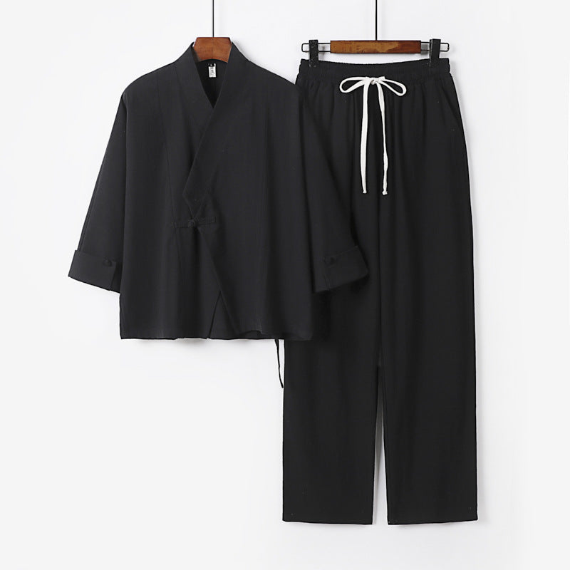 Unisex Lightweight Zen Lounge Set in Kimono Style with Dropped Shoulder Concealed Knot Placket and Elastic Drawstring Pants Chichicherry