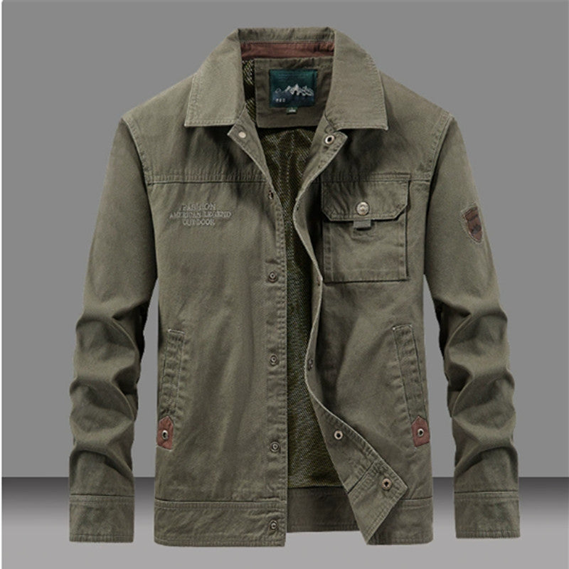 Men's Canvas Work Jacket with Button Placket, Patch Chest Pocket and Shirt Collar Chichicherry