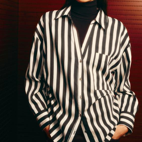 Women Oversized Shirt Blouse with Vertical Stripe Pattern and Side Lacing Chichicherry