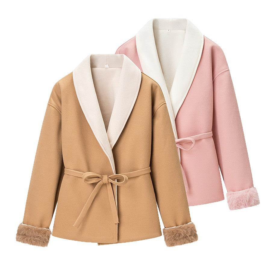 Women's short blazer coat with kimono shawl collar, waist belt, and faux fur cuffs Chichicherry