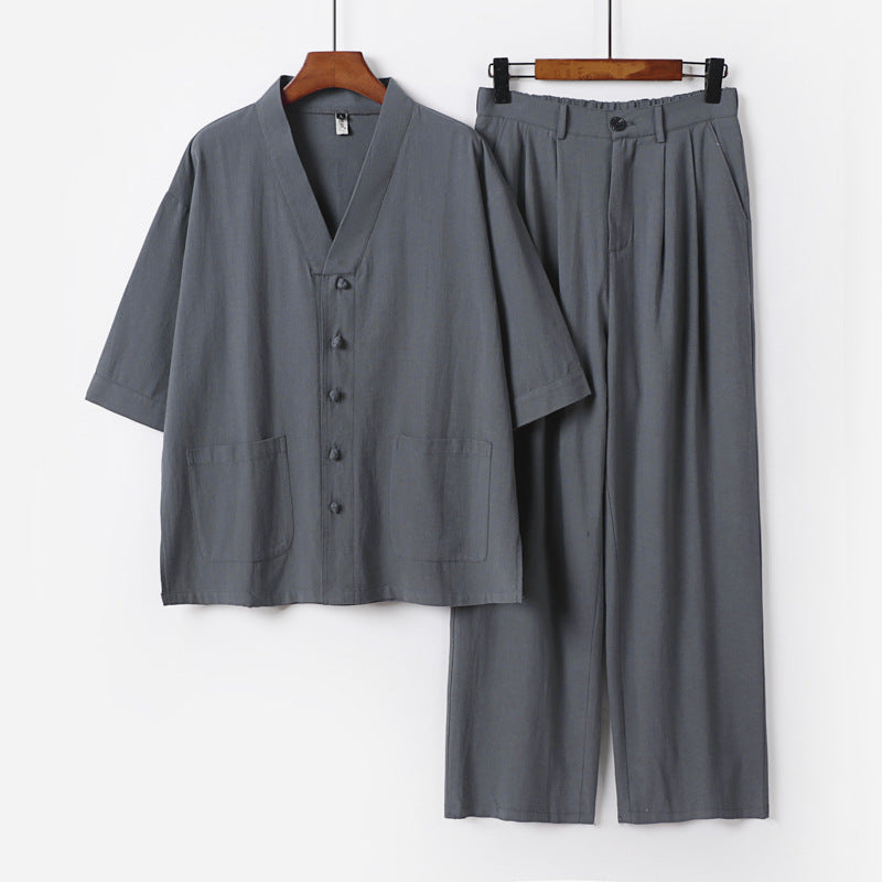 Unisex Zen-inspired Relax Set with short sleeve kimono top, concealed button placket, and elastic waistband pants Chichicherry