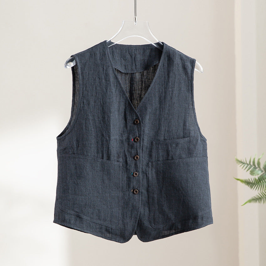 Women's Lightweight Linen Utility Look Vest with V-Neck and Large Patch Pockets Chichicherry