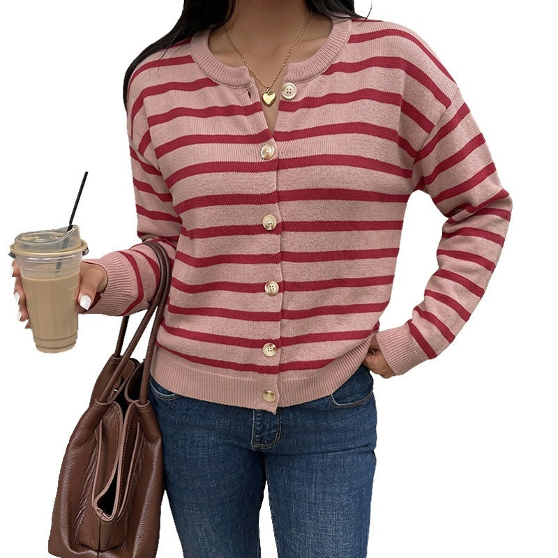 Women's Striped Fine Knit Button Cardigan with Round Neckline and Tailored Waist