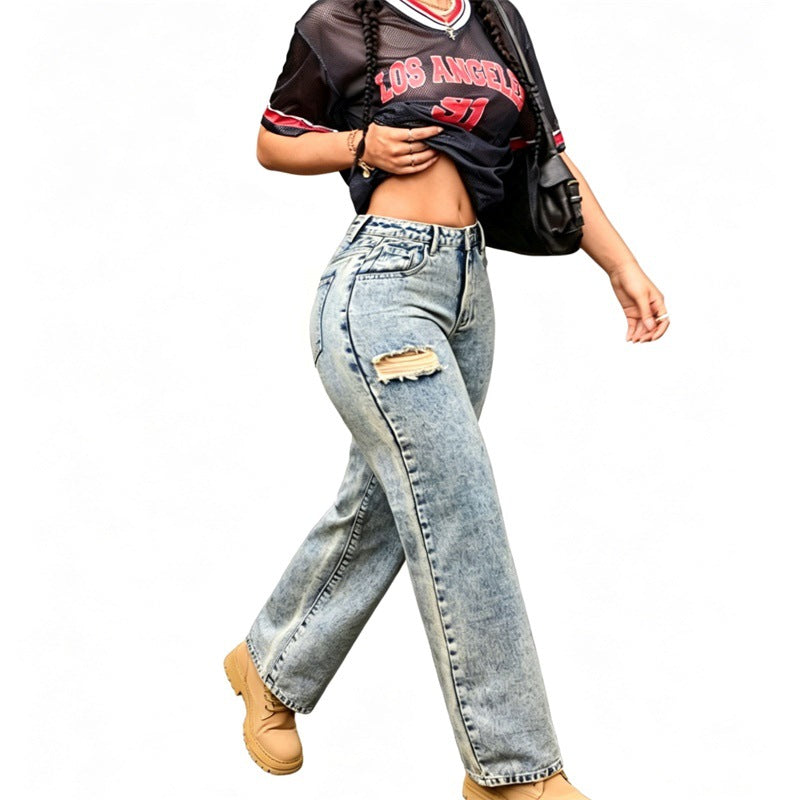 Ladies High-Waist Relaxed Jeans with Stone Wash Effect and Side Ripped Insert Chichicherry