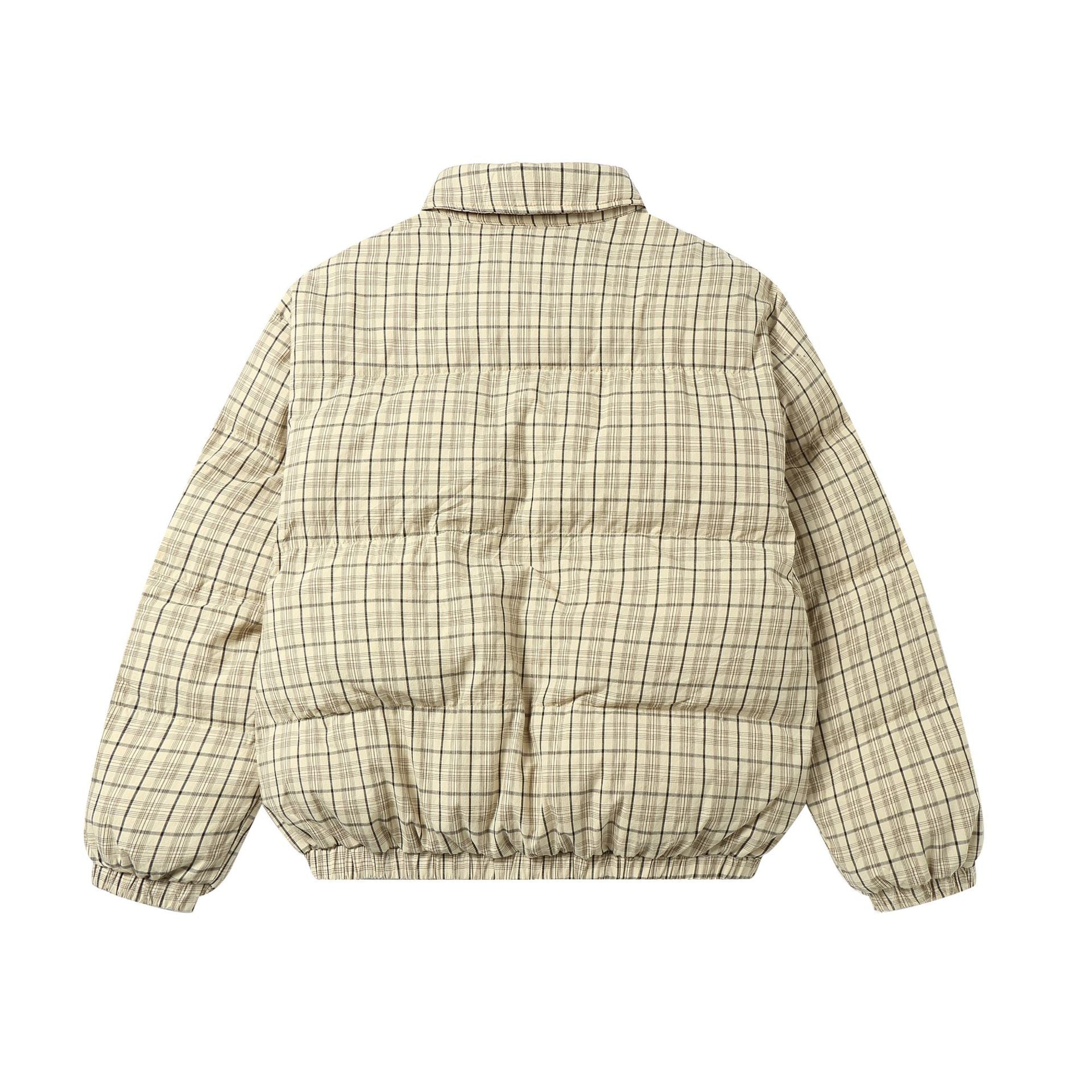 Unisex Short Cut Checked Padded Jacket with High Collar and Elastic Hem Chichicherry