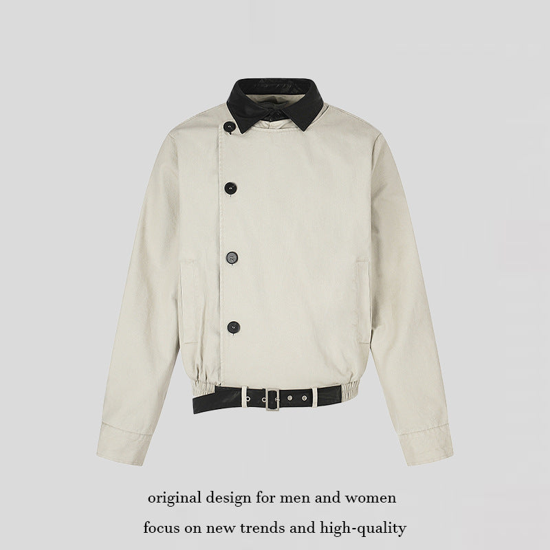 Men's Asymmetrical Canvas Bomber Jacket with Leather Straps and Stand Collar Chichicherry
