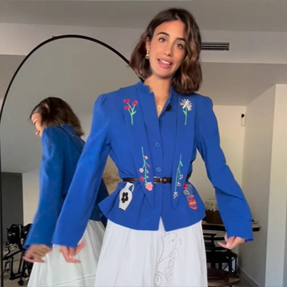 Women Embroidered Tailored Short Jacket with Peplum and Belt Chichicherry