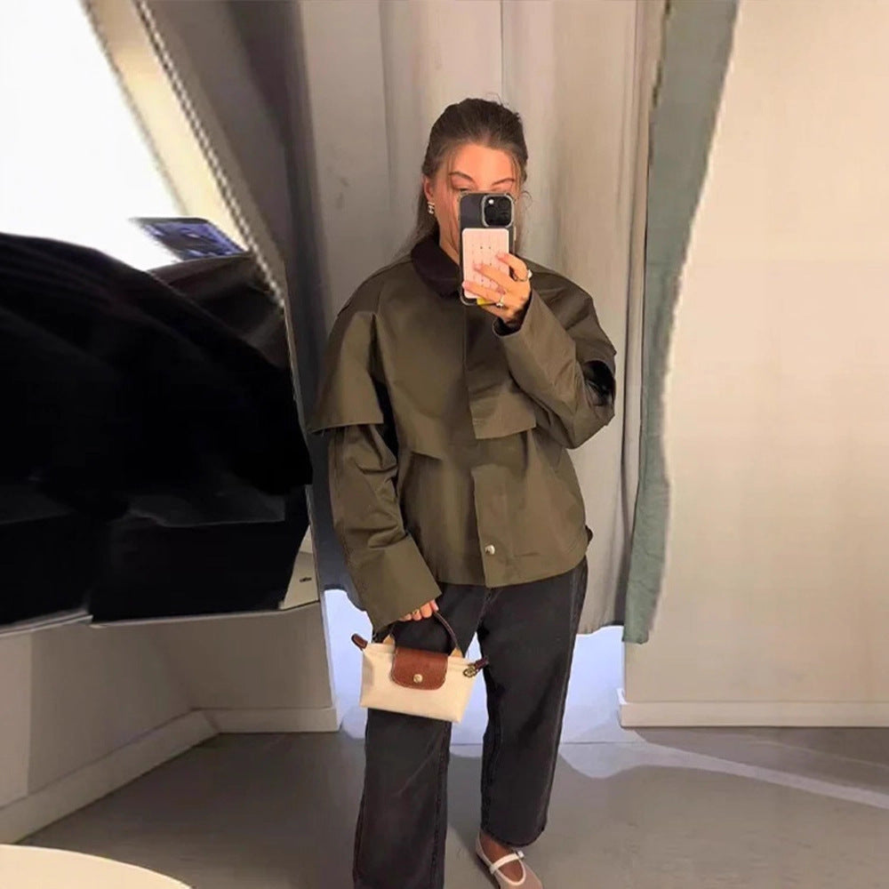 Women's Short Trench Coat with Cape Overlay and Oversized Sleeves Chichicherry