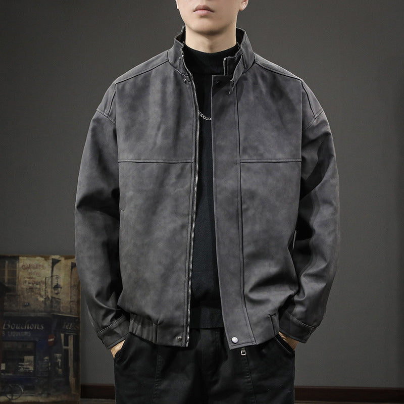 Herren Minimalistische Vintage-Kunstleder-Bomberjacke mit Stehkragen und verdeckter Druckknopfleiste Chichicherry