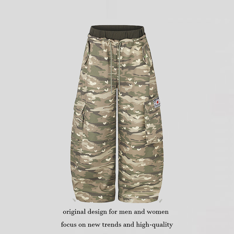 Women's Wide Cargo Pants with Heart Camouflage, Drawstring Waistband and Generous Pockets Chichicherry