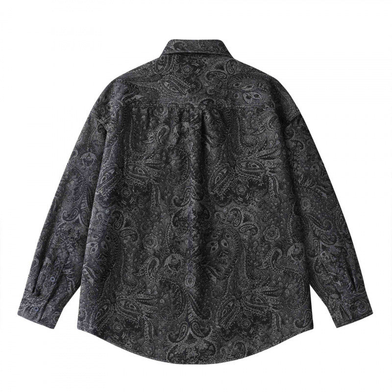 Unisex Oversized Shirt Jacket with Paisley Jacquard, Full Button Placket and Chest Pocket Chichicherry