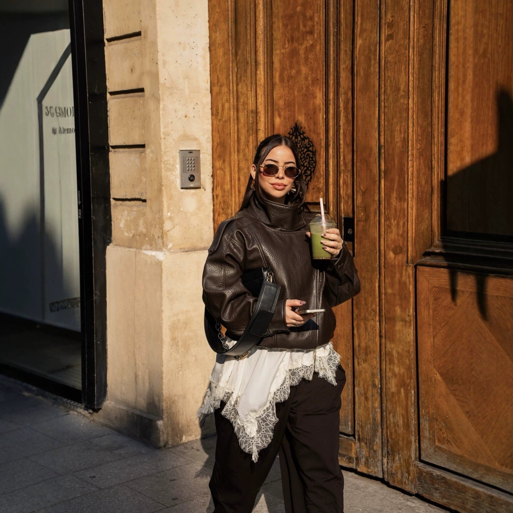Women's cropped leather blouson with high stand collar, boxy silhouette, and voluminous sleeves Chichicherry
