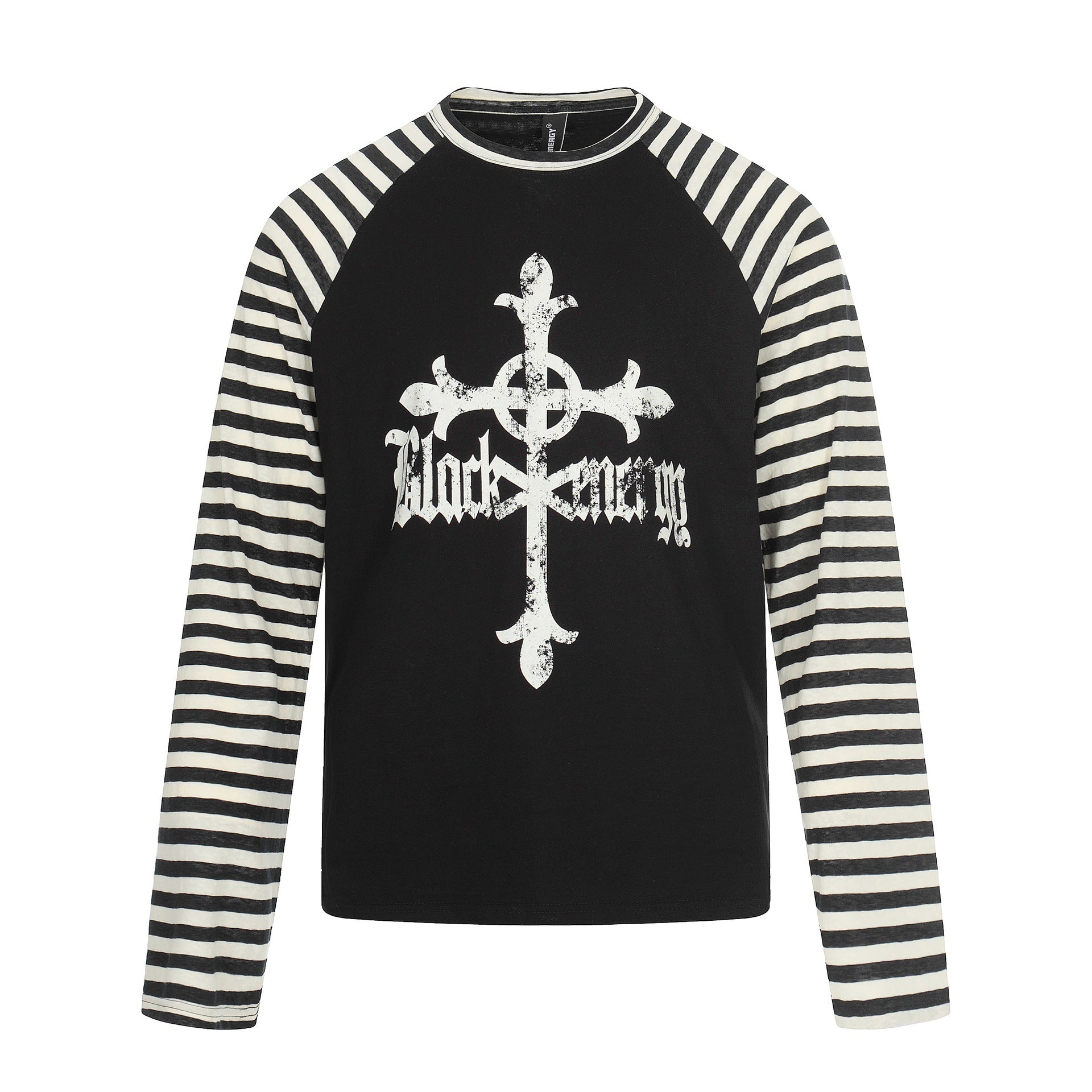 Men's Long Sleeve Raglan Shirt with Striped Sleeves and Vintage Print Chichicherry