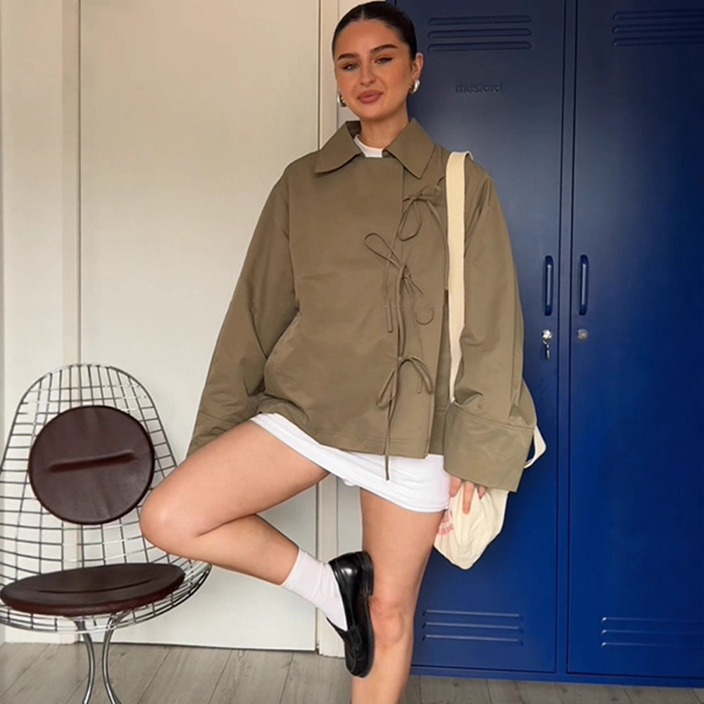 Women's Oversized Shirt Jacket with Decorative Knot Closures and Shirt Collar Chichicherry