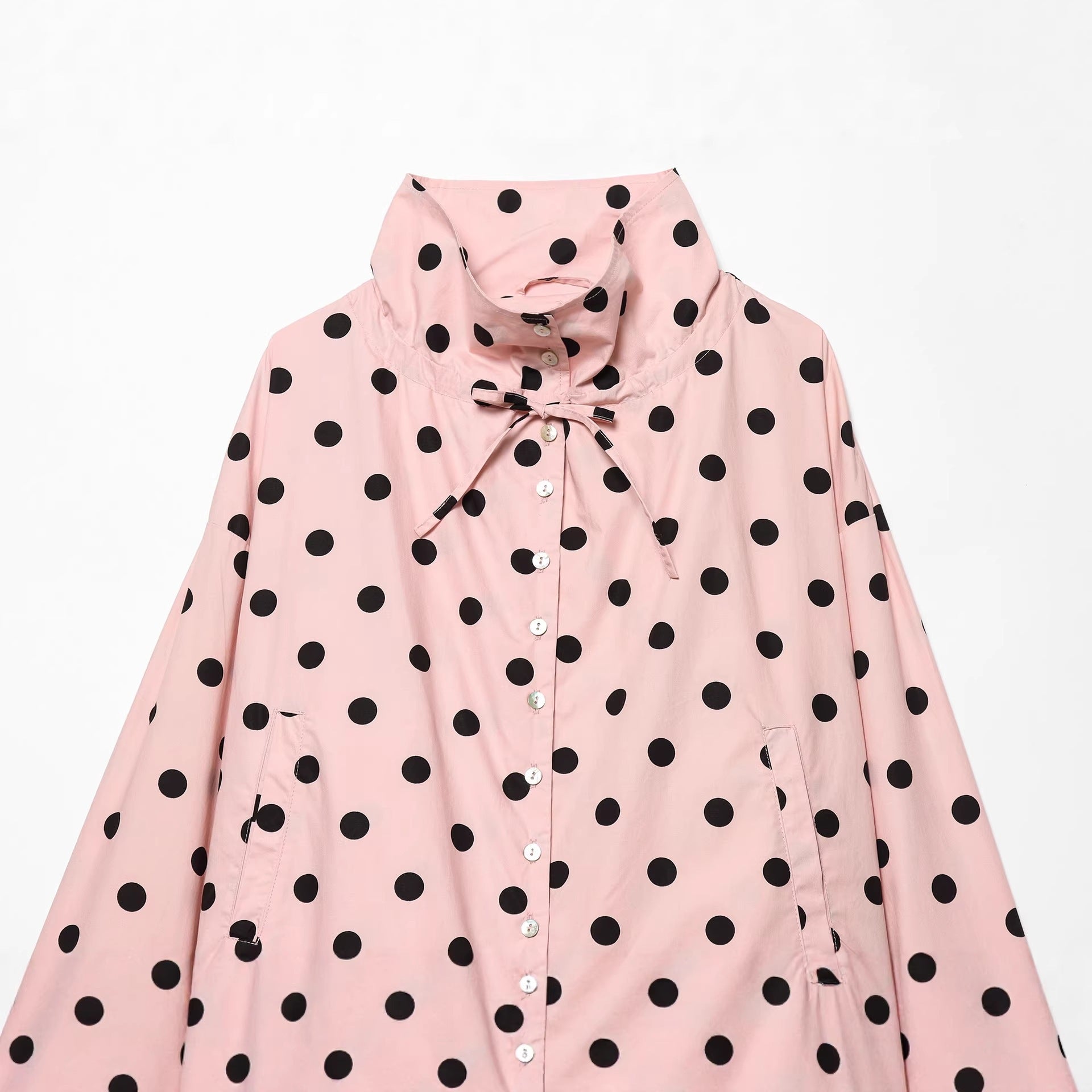 Women's Polka Dot Cropped Blouson Jacket with High Stand Collar, Drawstring and Button Placket Chichicherry