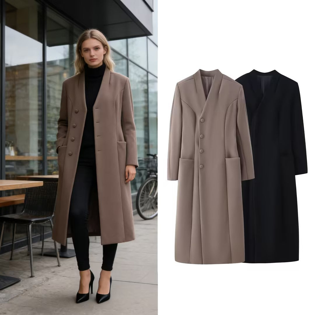 Women's Elegant Wool Look Maxi Coat with Concealed Button Placket and Patch Pockets Chichicherry