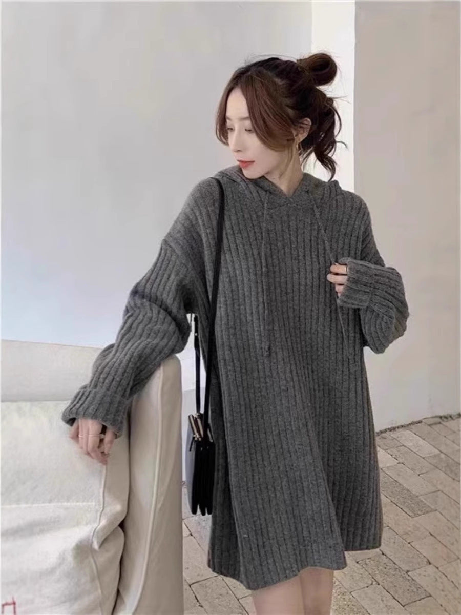 Women's knit hoodie dress with ribbed texture and oversized silhouette Chichicherry