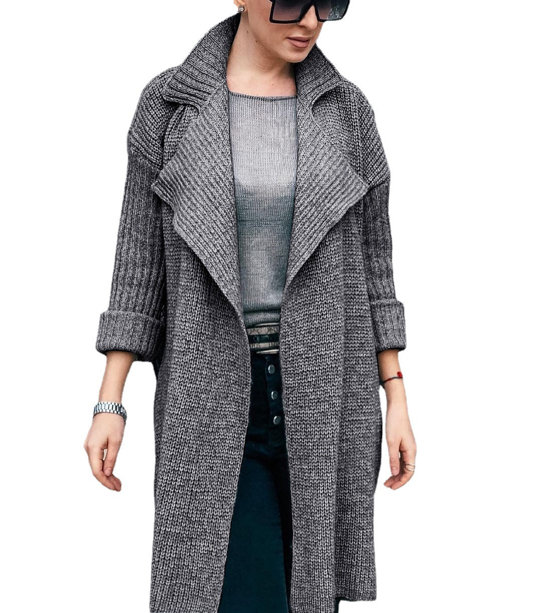 Women Long Open Knit Coat with Shawl Collar and Cuffed Sleeves Chichicherry