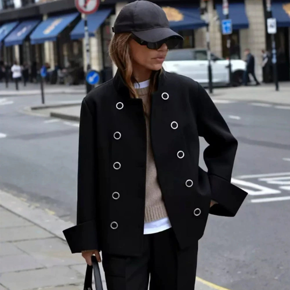 Women Short Cut Double Breasted Jacket with Stand-Up Collar, Eyelet Detail and Wide Cuffs Chichicherry