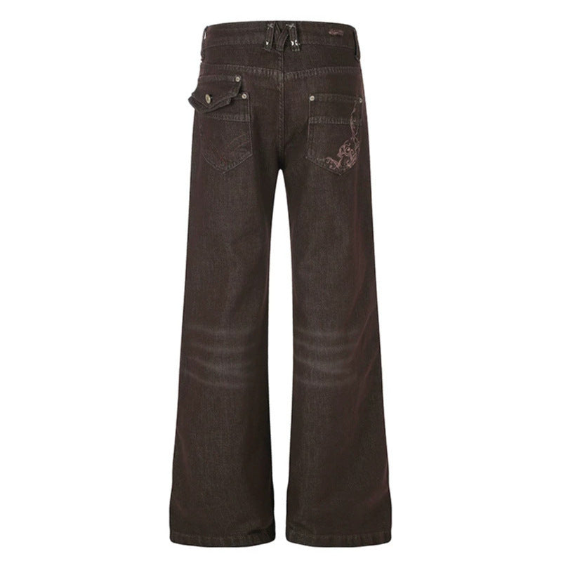 Women's Wide High-Waist Denim Trousers with Straight Leg and Utility Patch Pockets Chichicherry