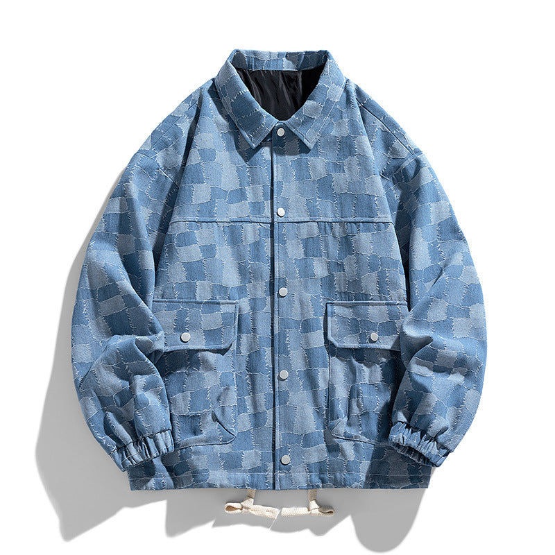 Men's oversized checkered denim jacket with snap buttons, flap pockets, and drawstring Chichicherry
