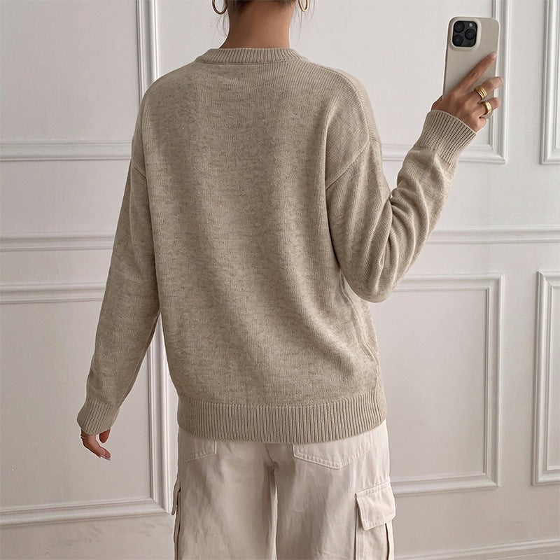 Women Lightweight Henley Knit Sweater with Button Placket, Ribbed Cuffs and Relaxed Fit Chichicherry