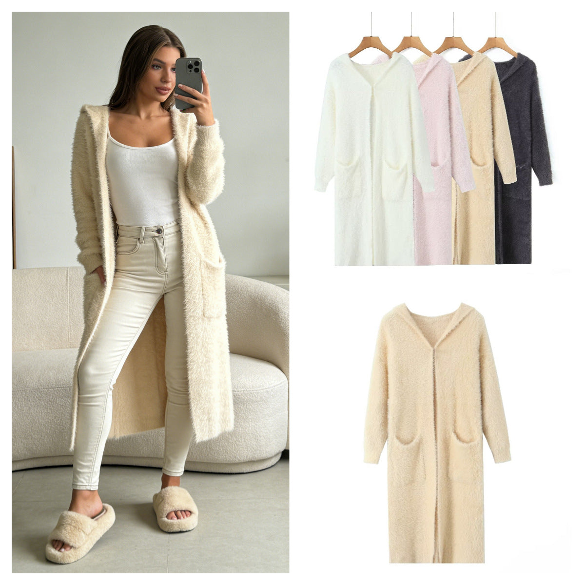 Women Longer fluffy hooded cardigan with patch pockets and open front Chichicherry