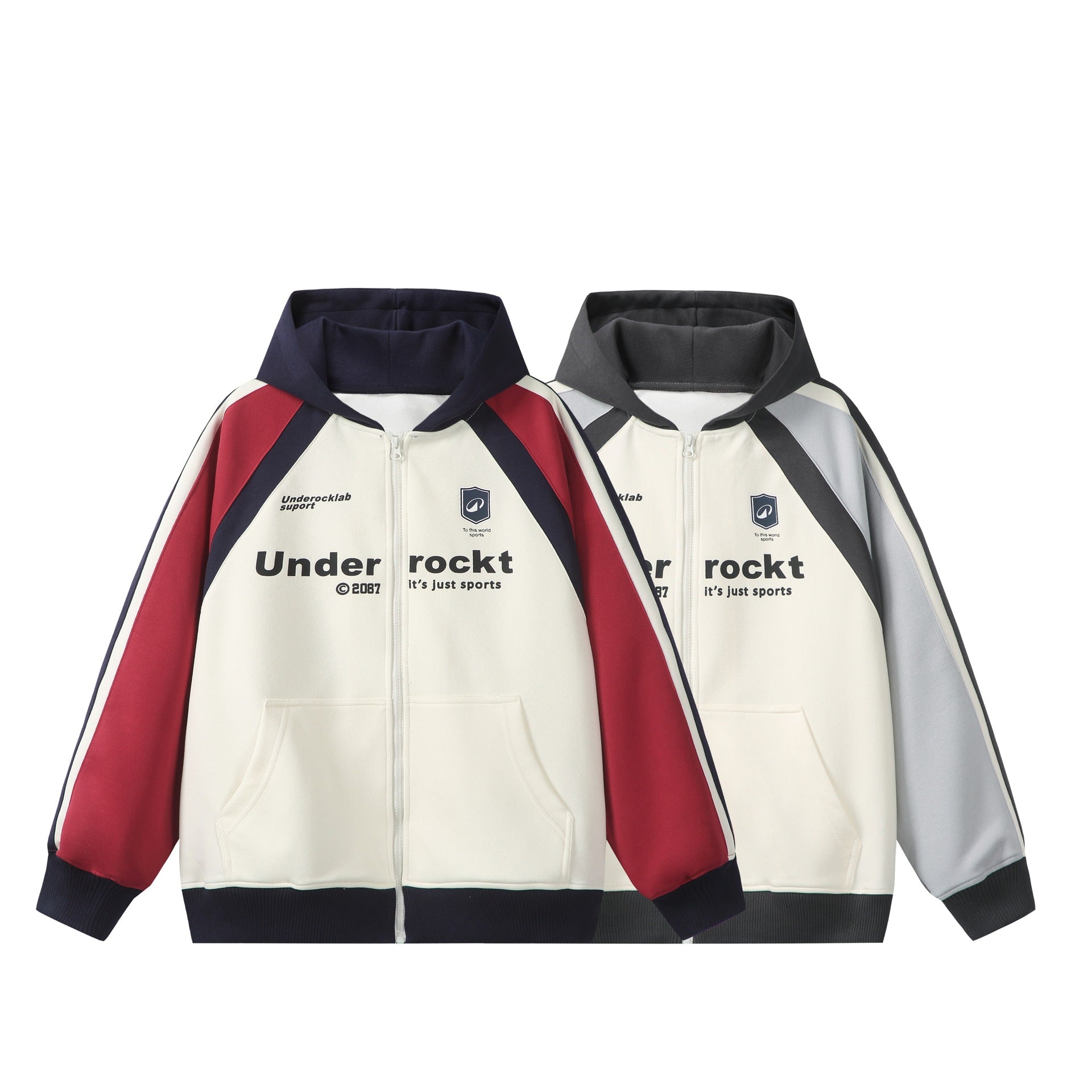 Unisex Hooded Zip Jacket in Retro Sports Style with Color Block Inserts and Kangaroo Pocket Chichicherry