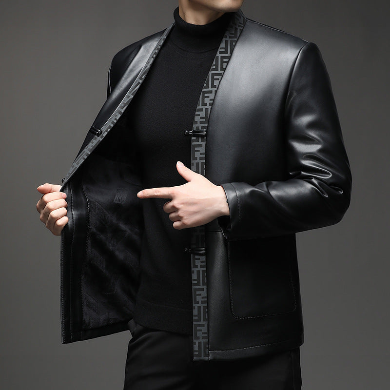 Men's faux leather kimono-style jacket with jacquard trim and cord closures Chichicherry