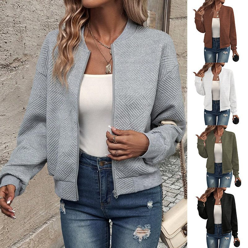 Women Structured Bomber Cardigan with Zipper and Ribbed Cuffs Chichicherry