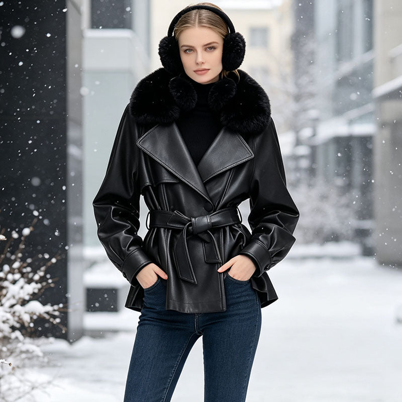 Ladies short coat made of faux leather with removable faux fur collar and waist belt Chichicherry