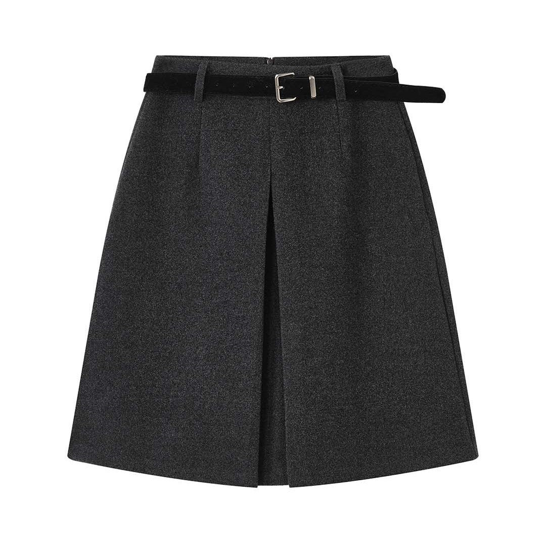 Women's Wool Blend Midi Skirt with Pleats and Tailored Fit Chichicherry