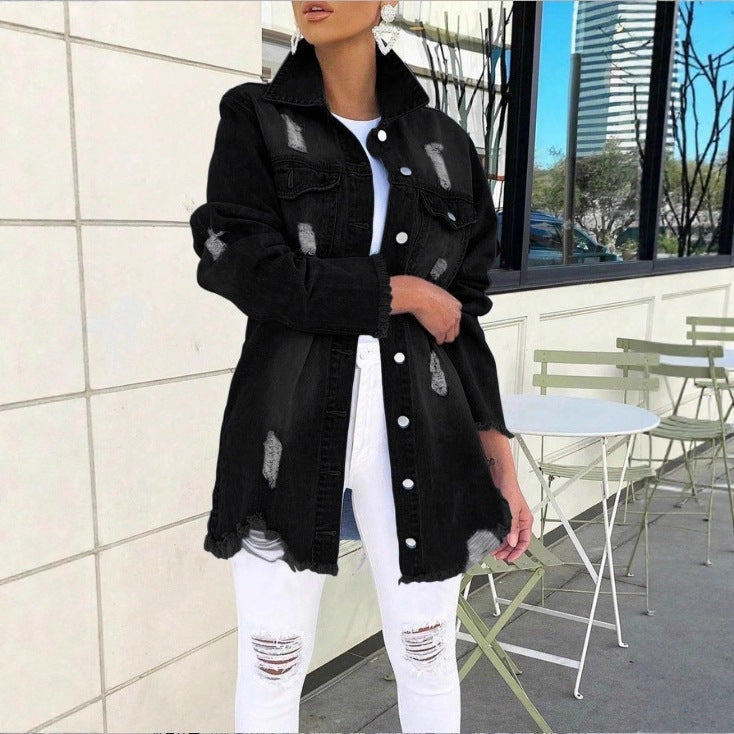 Ladies Longline Denim Jacket with Destroyed Details and Fringed Hem Chichicherry