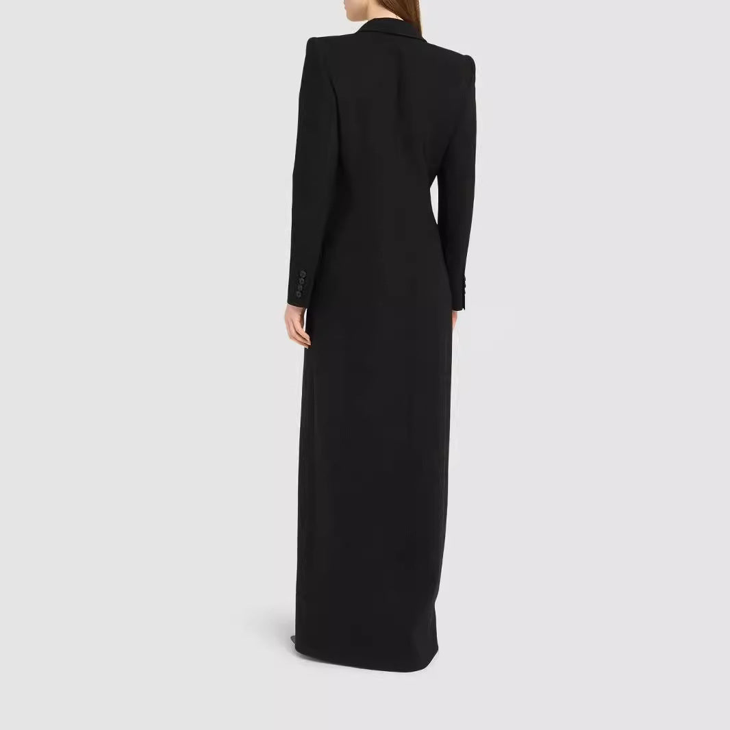 Women’s long tailored blazer dress with deep V-neckline and structured shoulder pads Chichicherry