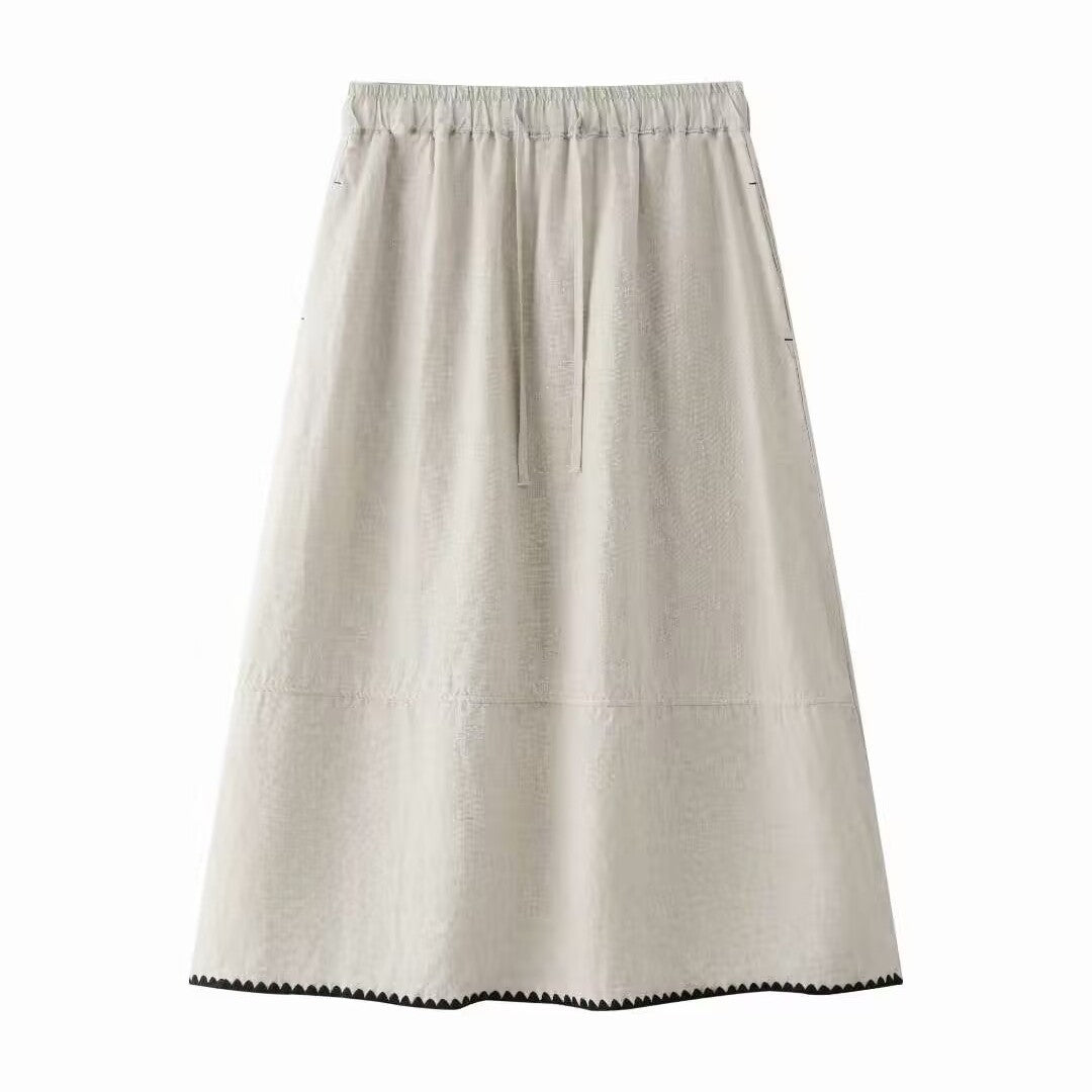Women's maxi skirt made of linen blend with elastic drawstring waistband and zigzag trim Chichicherry