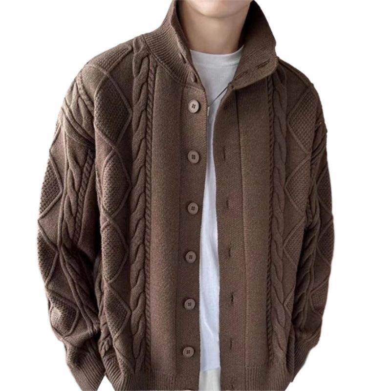 Herren Lockere Strick-Cardigan mit hohem Stehkragen und Zopfmuster Chichicherry