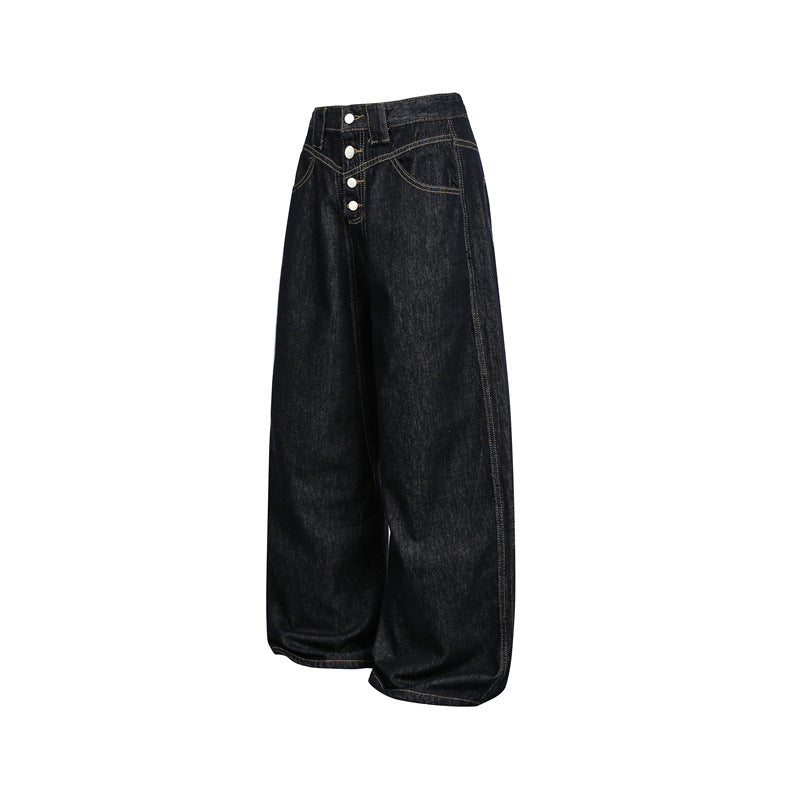 Women's high-waisted baggy jeans in balloon shape with visible button placket and prominent seams Chichicherry