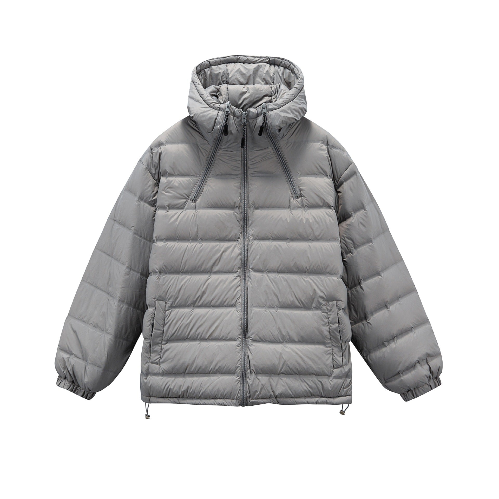 Men's Boxy Puffer Jacket with high stand-up hood, double front zipper and drawstring