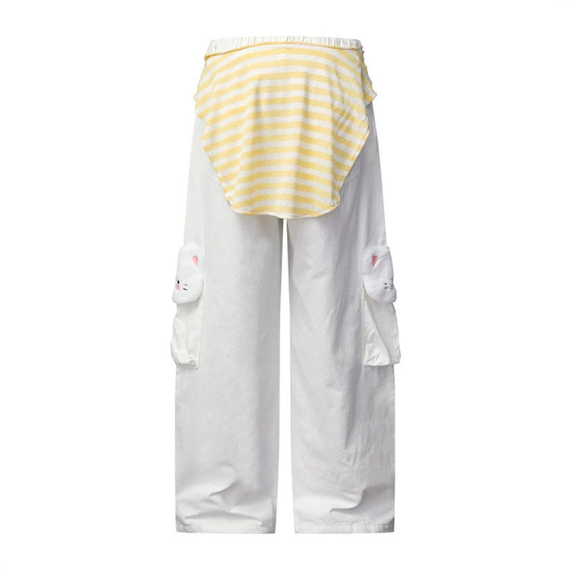 Women Wide Cargo Jeans with Plush Pockets, Embroidery and Elastic Waist Chichicherry