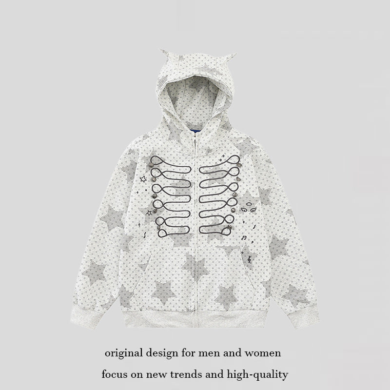Women's Hoodie Sweat Jacket with 3D Ear Appliqués, Full Zip and Playful Military Illustration Print Chichicherry