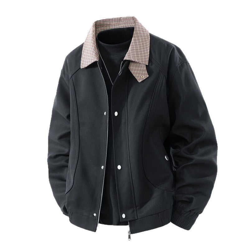 Men's Light Canvas Blouson with Check Collar, Zipper and Snap Button Placket Chichicherry