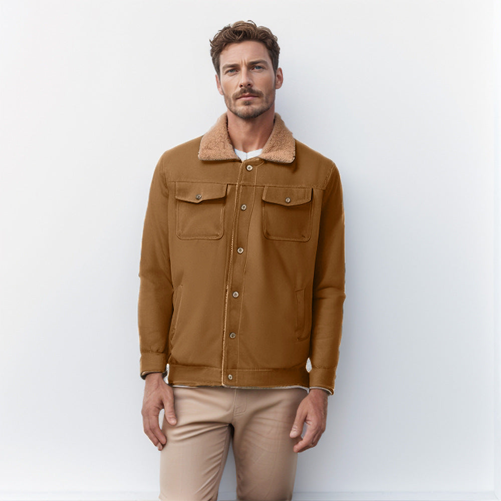 Men's Workwear Jacket with Teddy Collar and Snap Button Placket Chichicherry